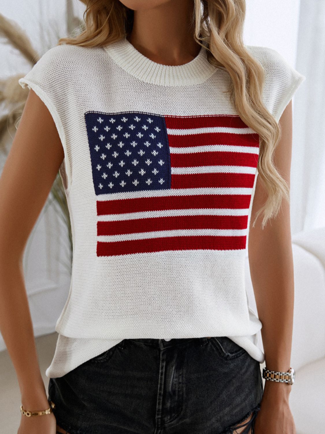 Devine US Flag Round Neck Sweater Vest - -