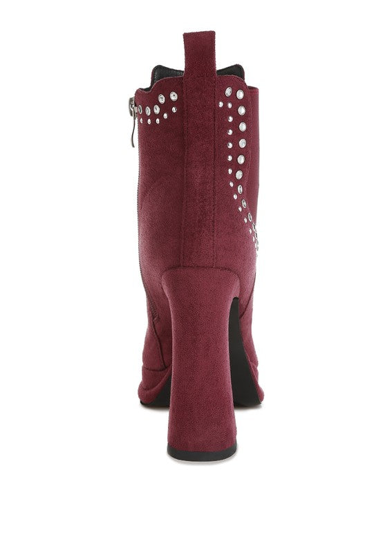 Burgundy suede ankle boot with block heel and silver stud detailing