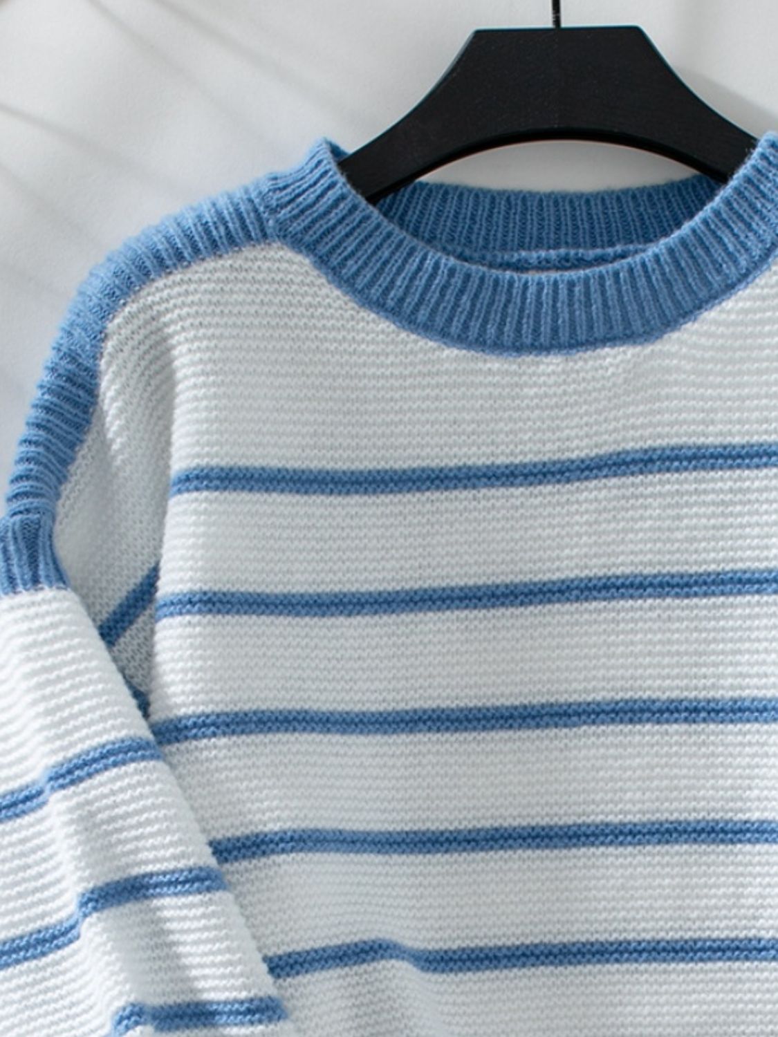 Striped Round Neck Long Sleeve Sweater - -