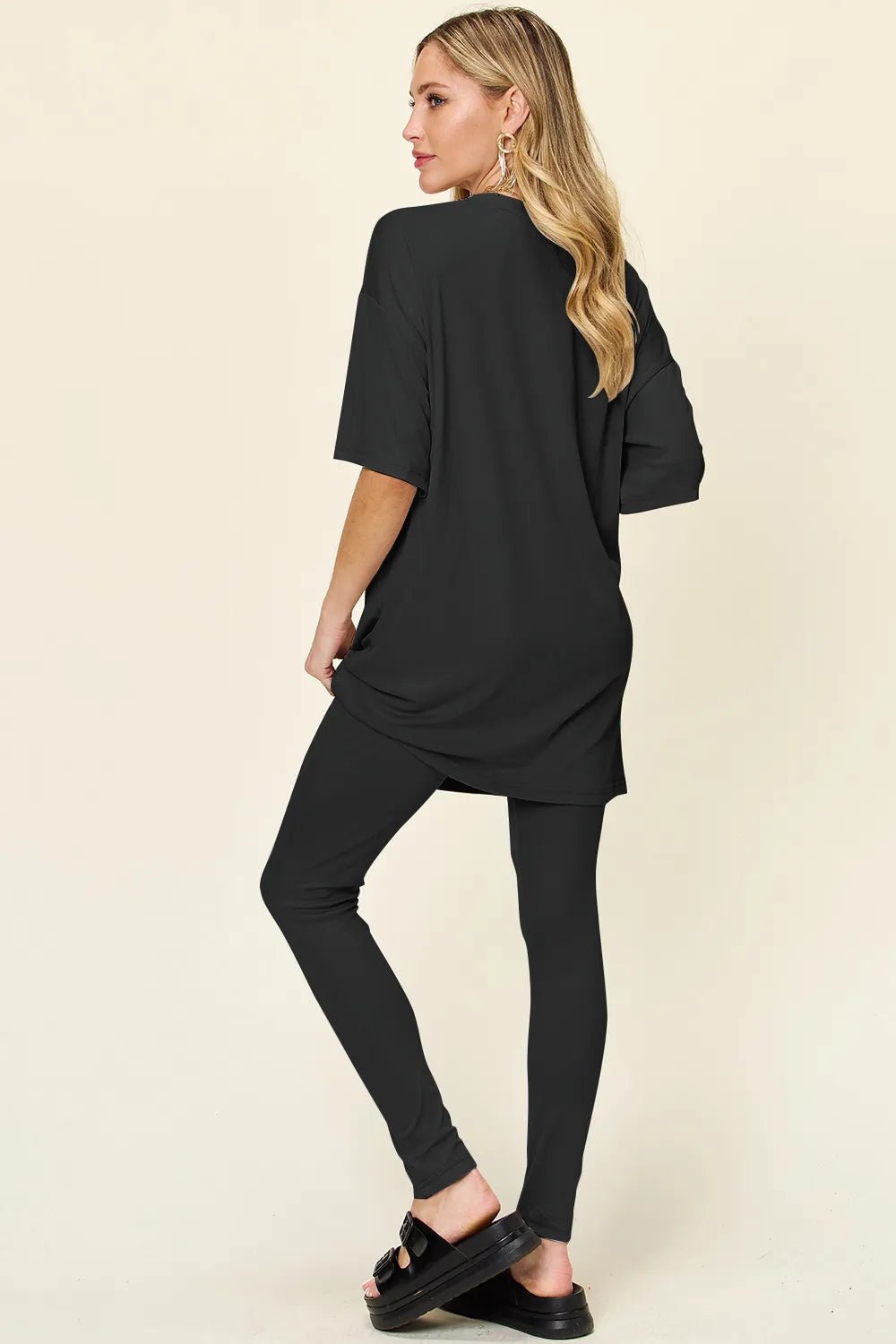 Double Take Full Size Round Neck Dropped Shoulder T-Shirt and Leggings Set - -