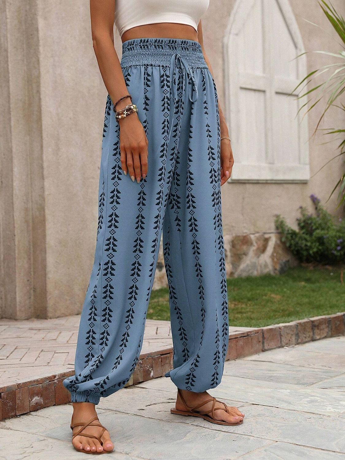 Tied Printed High Waist Pants - -