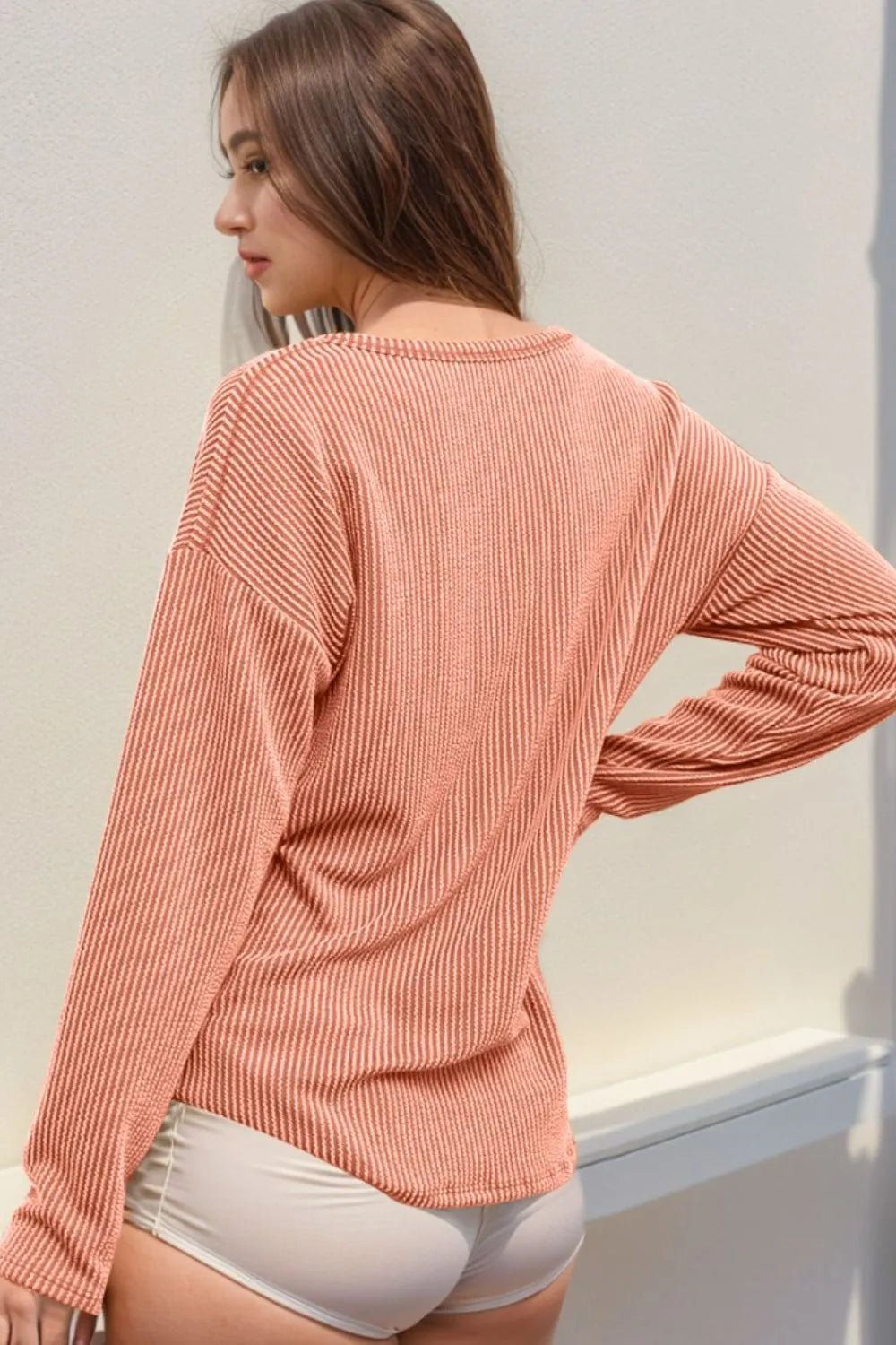 Double Take Striped Notched Long Sleeve T-Shirt - -