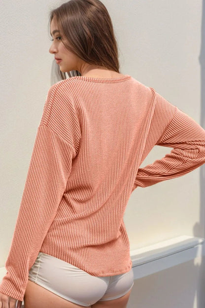 Double Take Striped Notched Long Sleeve T-Shirt - -