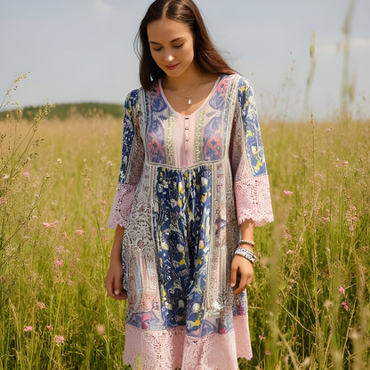 Boho Lace Detail Floral Dress – 3/4 Sleeves & Patchwork Print - -