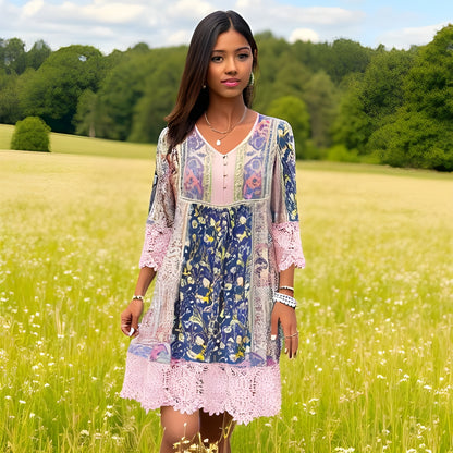 Boho Lace Detail Floral Dress – 3/4 Sleeves & Patchwork Print - -