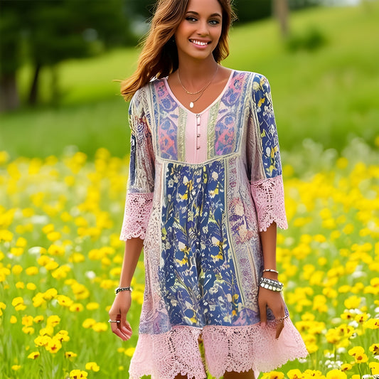 Boho Lace Detail Floral Dress – 3/4 Sleeves & Patchwork Print - -