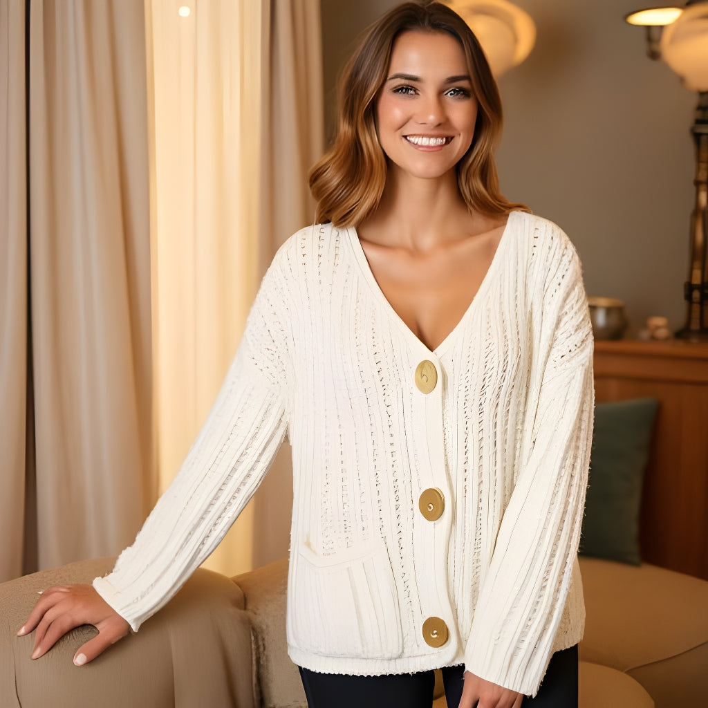 Chunky Knit Button-Down Cardigan – Gold Accent & Soft Texture - -