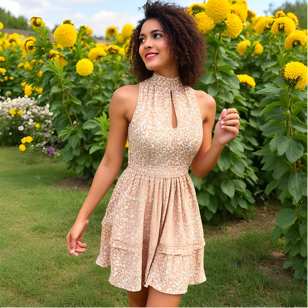 Floral Frill Trim Sleeveless Dress – Keyhole Neckline & Tie Waist - -