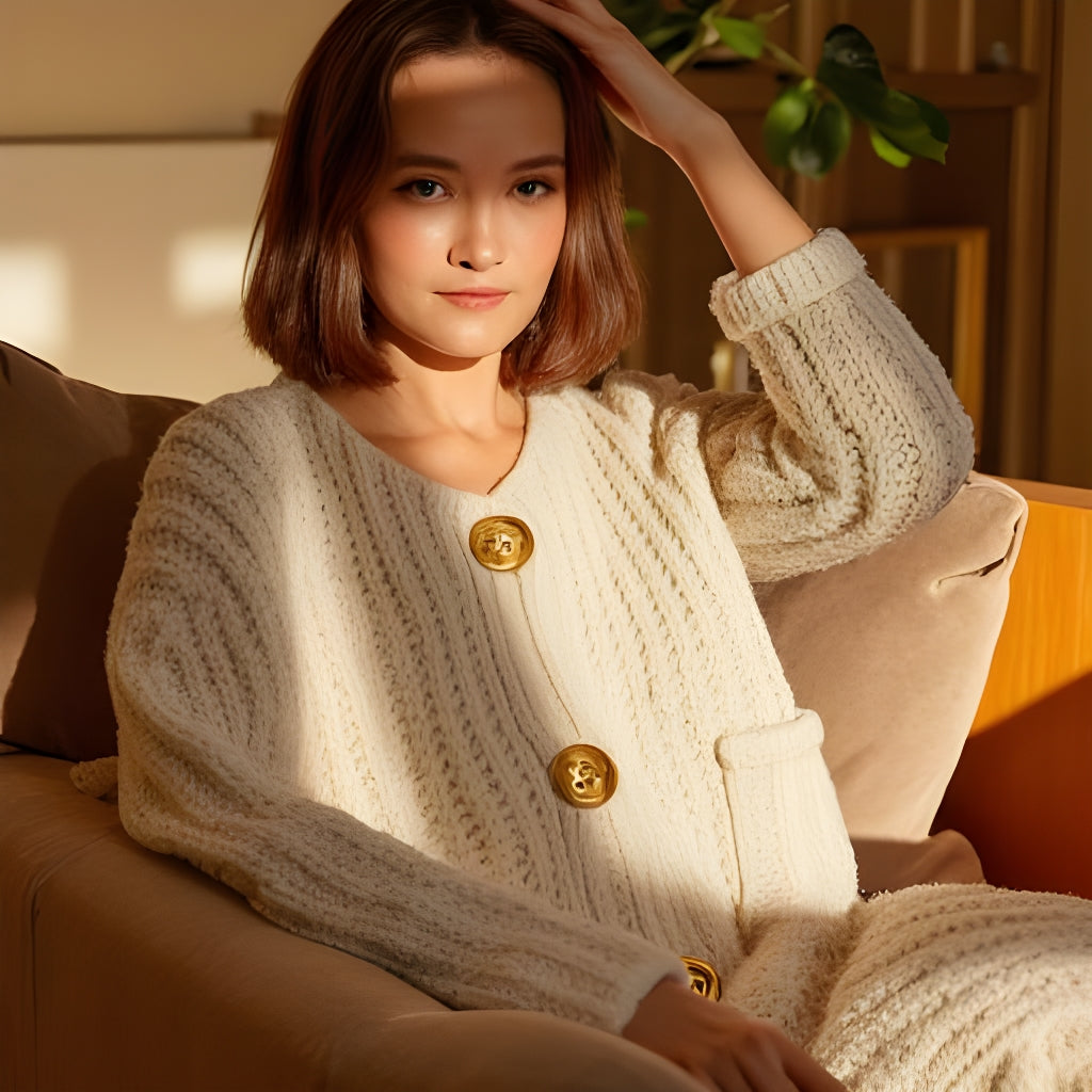 Chunky Knit Button-Down Cardigan – Gold Accent & Soft Texture - -