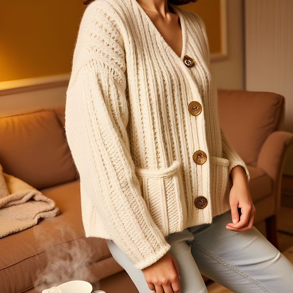 Chunky Knit Button-Down Cardigan – Gold Accent & Soft Texture - -