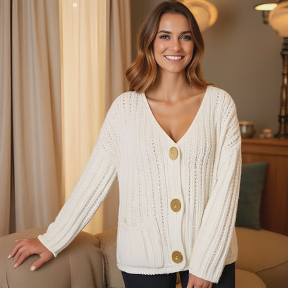 Chunky Knit Button-Down Cardigan – Gold Accent & Soft Texture