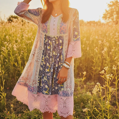 Boho Lace Detail Floral Dress – 3/4 Sleeves & Patchwork Print